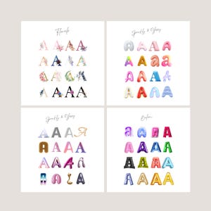 May include: Four square images with the letter "A" in various styles. The top left image features floral designs. The top right image shows glossy, balloon-like letters. The bottom left image displays sparkly and glossy letters. The bottom right image shows balloon letters.