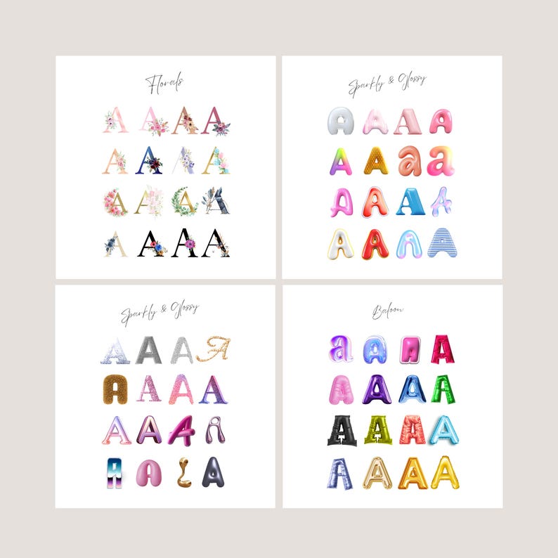 May include: Four square images with the letter "A" in various styles. The top left image features floral designs. The top right image shows glossy, balloon-like letters. The bottom left image displays sparkly and glossy letters. The bottom right image shows balloon letters.