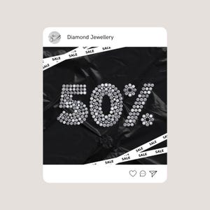 May include: An image promoting a sale on diamond jewelry. The number "50%" is spelled out in diamonds on a black background. White ribbons with the word "SALE" are placed across the image. The words "Diamond Jewellery" are at the top.