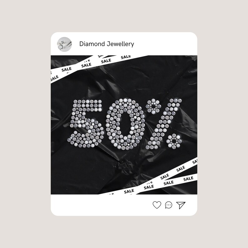 May include: An image promoting a sale on diamond jewelry. The number "50%" is spelled out in diamonds on a black background. White ribbons with the word "SALE" are placed across the image. The words "Diamond Jewellery" are at the top.