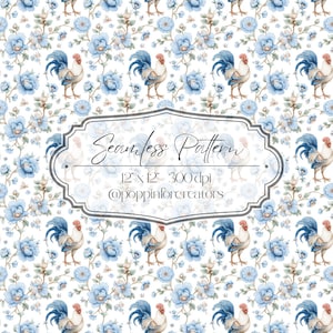 May include: A seamless pattern featuring repeating illustrations of roosters with blue tail feathers and light blue flowers on a white background. A central label displays the text Seamless Pattern, 12" x 12" - 300 dpi, and @poppinforcreators.