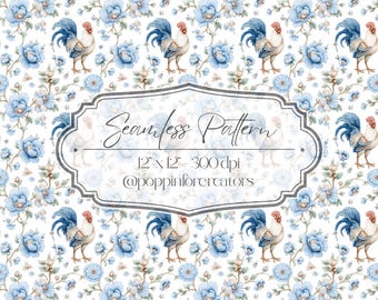 Chinoiserie Rooster Blue Floral Seamless Pattern, Farmhouse Botanical Fabric Design, Digital Download, French Country Tile