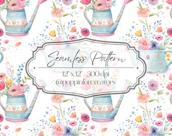 Watercolor Floral Watering Can Seamless Digital Pattern, Cottage Garden Botanical Textile Art Fabric Design, Spring Repeat Tile Download