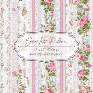 Può includere: Motivo senza cuciture con strisce verticali di pizzo bianco, nastri rosa e motivi floreali con rose rosa e foglie verdi. Il testo "Seamless Pattern" è visualizzato in una cornice decorativa. Il motivo misura 30,48 x 30,48 cm a 300 dpi.