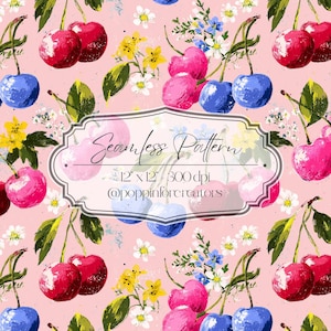 May include: Seamless pattern design featuring painted cherries in shades of red, pink, and blue, with green leaves and small yellow and white flowers on a pink background. The design includes the text "Seamless Pattern" and "12 x 12 300 dpi".