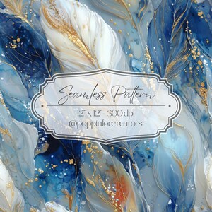 May include: Seamless pattern featuring abstract feathers in shades of blue, white, and gold. The design includes a variety of feather shapes with intricate details and a watercolor effect. The text on the image reads "Seamless Pattern" and "12" x 12" - 300 dpi @poppinforcreators".