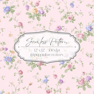 May include: Seamless pattern featuring a delicate floral design with roses in shades of pink, purple, blue, and yellow on a light pink background. The text "Seamless Pattern" is displayed within a decorative frame. The pattern measures 12 x 12 inches.