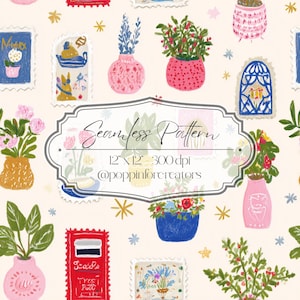 May include: A seamless pattern featuring illustrations of vases with flowers, postage stamps, and stars in a pastel color palette. The text "Seamless Pattern" and other details are included.