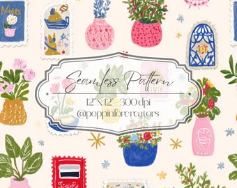 Postage Stamp Floral Seamless Pattern, Cute Botanical Vase Fabric Design, Digital Download, Whimsical Repeat Tile, Surface Pattern Design