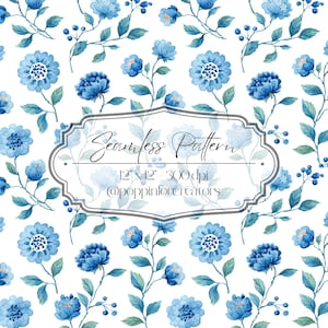 May include: A seamless pattern featuring watercolor blue flowers and foliage on a white background. The design includes various sizes of blue blossoms, green leaves, and small blue berries. The text "Seamless Pattern" is displayed within a decorative frame.