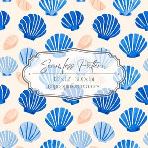 May include: Seamless pattern featuring blue seashells and light peach-colored shells on a cream background. The design includes the text "Seamless Pattern" and "12 x 12 - 300 dpi" in a decorative frame.