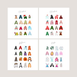 May include: Four square prints featuring the letter "A" decorated with holiday themes. Christmas, Halloween, and Easter designs are shown. The "A" letters are decorated with festive elements like pumpkins, snowmen, and Easter eggs.