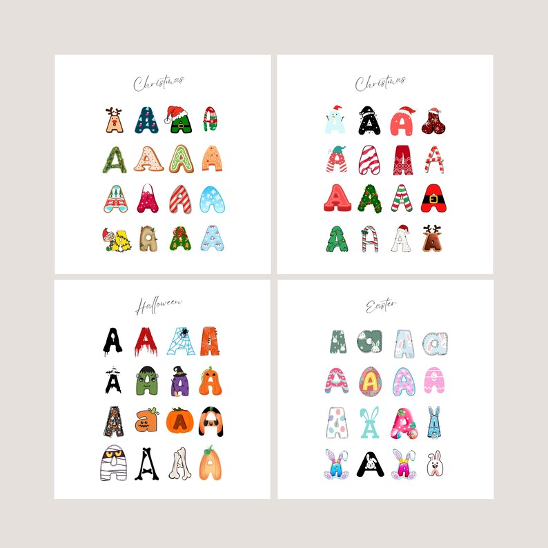 May include: Four square prints featuring the letter "A" decorated with holiday themes. Christmas, Halloween, and Easter designs are shown. The "A" letters are decorated with festive elements like pumpkins, snowmen, and Easter eggs.