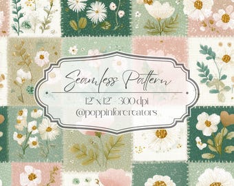 Green Pink Wildflower Embroidery Style Patchwork Seamless Digital Pattern, Cottage Quilt Textile Art Fabric Design, Daisy Repeat Tile