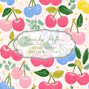 May include: A seamless pattern featuring hand-drawn cherries in shades of pink, red, blue, and yellow, with green leaves and stems. The design includes the text "Seamless Pattern" and dimensions of 12" x 12" at 300 dpi.