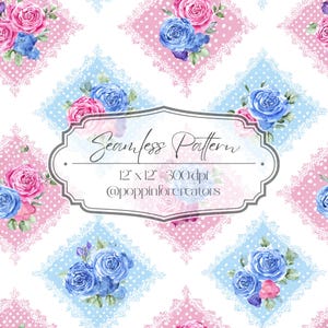 May include: Seamless pattern design featuring watercolor roses in pink and blue, set against a white background. The design includes a repeating pattern of floral arrangements within square frames, with the text "Seamless Pattern" and dimensions 12" x 12".