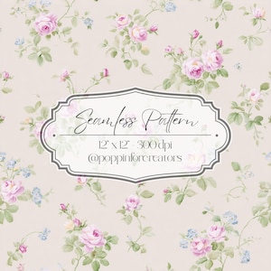 May include: A seamless pattern featuring pink roses, blue forget-me-nots, and green leaves on a beige background. The design includes the text "Seamless Pattern" and dimensions of 12" x 12" at 300 dpi.