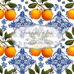 Może przedstawiać: Bezszwowy wzór z jasnymi pomarańczami, zielonymi liśćmi i białymi kwiatami. Projekt zawiera niebiesko-białe wzory płytek i tekst "Seamless Pattern" o wymiarach 30.5 cm x 30.5 cm i 300 dpi.