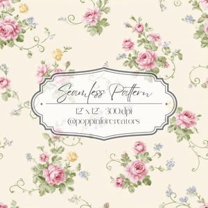 May include: Seamless pattern featuring pink roses, yellow buds, and blue accents on a cream background. The design includes the text "Seamless Pattern" and dimensions of 12" x 12" at 300 dpi, with the creator's handle.