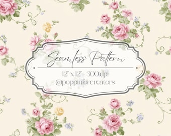 Seamless Floral Pattern | PNG Pastel Roses Vintage Coquette Repeat | Shabby Chic Textile Art | Packaging Wrapping Paper | Digital Download