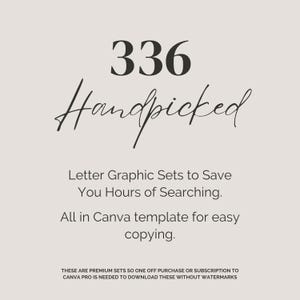 May include: A beige graphic with the text "336 Handpicked" in black. Below, it reads "Letter Graphic Sets to Save You Hours of Searching. All in Canva template for easy copying."