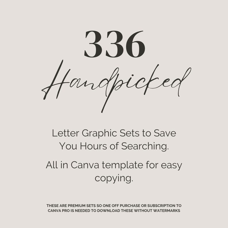 May include: A beige graphic with the text "336 Handpicked" in black. Below, it reads "Letter Graphic Sets to Save You Hours of Searching. All in Canva template for easy copying."