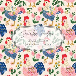 May include: A seamless pattern featuring colorful roosters with blue, pink, and white plumage, accented by floral details and greenery. The design includes the text "Seamless Pattern" and dimensions of 12" x 12" at 300 dpi.