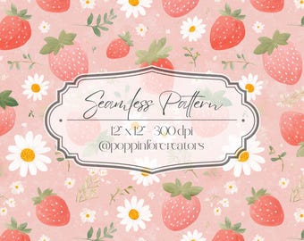 Pink Strawberry Daisy Seamless Digital Pattern, Cute Cottagecore Fruit Textile Art Fabric Design, Summer Berry Repeat Tile Download
