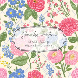May include: A seamless floral pattern featuring pink and red roses, blue forget-me-nots, and green foliage on a cream background with a light blue grid. The design includes the text "Seamless Pattern" and dimensions of 12" x 12" at 300 dpi.
