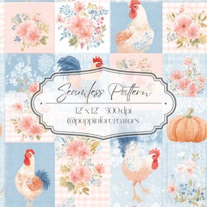 Puede incluir: Diseño de patrón sin costuras con arreglos florales, gallos y una calabaza en un estilo patchwork. La paleta de colores incluye rosas suaves, azules y melocotones. El texto de la imagen dice "Seamless Pattern" y "12" x 12" - 300 dpi @poppinforcreators".
