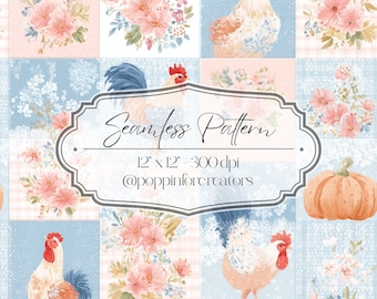 Rooster Chicken Patchwork Gingham Seamless Digital Pattern, Farmhouse Quilt Textile Art Fabric Design, Cottagecore Repeat Tile Download