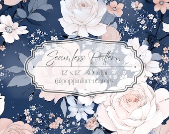 Blue Blush Rose Seamless Pattern PNG, Elegant Floral Repeat, Vintage Botanical Digital Paper, Fabric Print, Wallpaper, POD Design, Digital