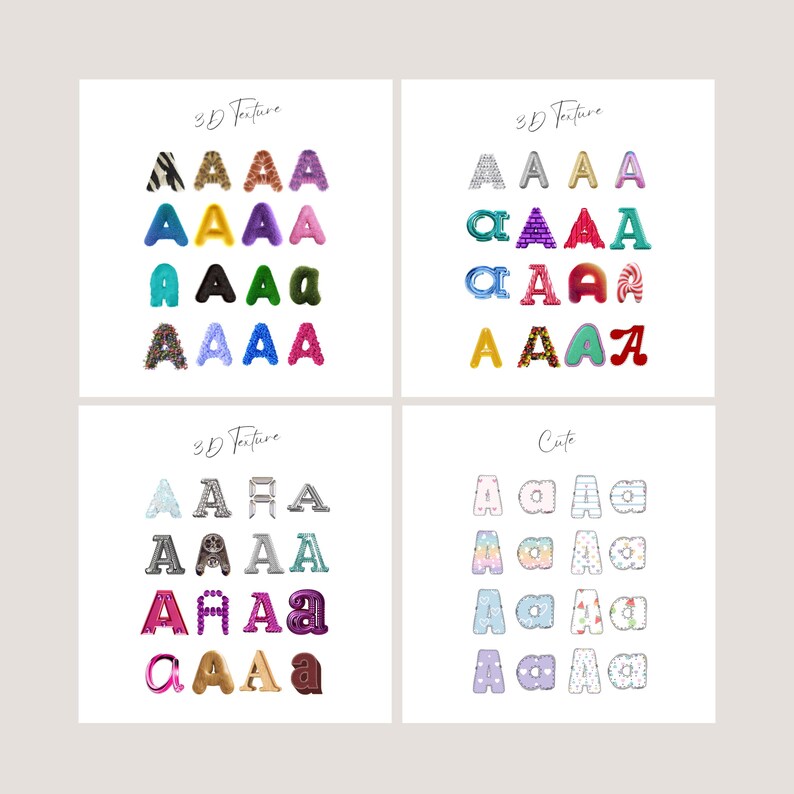 May include: A collection of letter "A" designs with various textures and styles. The image includes the text "3D Texture" and "Cute". The letters are in different colors and patterns, including animal print, glitter, and floral.