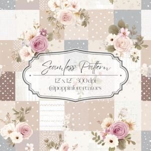 May include: A seamless pattern design featuring a patchwork of squares in neutral tones of beige, gray, and brown. The design includes floral bouquets with pink and white roses. The text "Seamless Pattern" is displayed in a decorative frame.