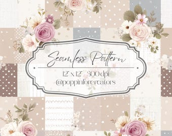 Neutral Beige Mauve Rose Patchwork Seamless Digital Pattern, Boho Quilt Textile Art Fabric Design, Dusty Floral Repeat Tile Download