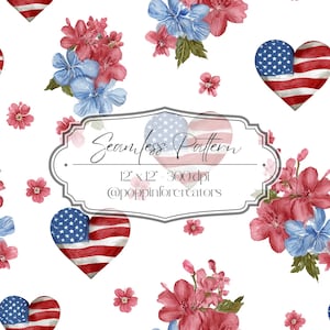 May include: Seamless pattern featuring watercolor illustrations of red and blue flowers, heart-shaped American flags, and small pink flowers on a white background. The text "Seamless Pattern" and other details are included in a decorative frame.