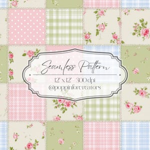 May include: A seamless pattern design featuring a patchwork of squares in pastel colors: pink, green, and blue. Each square has a different pattern, including polka dots, gingham, and floral prints. The text "Seamless Pattern" is displayed in a decorative frame.