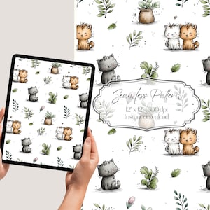 May include: A digital seamless pattern featuring watercolor illustrations of cute kittens, potted plants, and leafy sprigs on a white background. The pattern is displayed on a tablet, showcasing the design's repeat. The text on the image reads "Seamless Pattern" and "12 x 12 300 dpi Instant download."