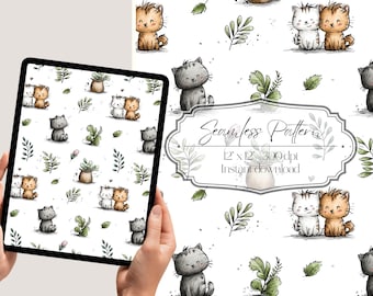 Cute Cat Seamless Pattern PNG, Kawaii Kitten Print, Nursery Fabric Design, Woodland Leaves Pattern, Kids Wallpaper POD Download