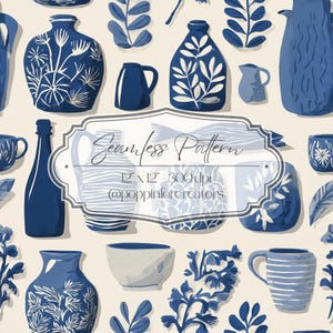 May include: A seamless pattern featuring various blue and white ceramic vases, pitchers, and cups. The design includes floral and leaf motifs, with the text "Seamless Pattern" and other details in a decorative frame. The background is a light beige color.