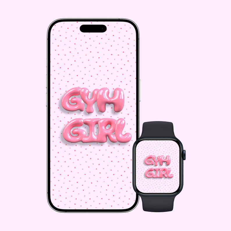 May include: A smartphone and smartwatch display the words "GYM GIRL" in pink, bubble-style letters against a dotted pink background. The phone is silver and black, and the watch is black.