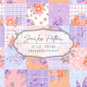 Peut inclure: Un motif sans couture avec un patchwork de carrés floraux et à carreaux dans les tons pêche, lavande et bleu. Le motif comprend des bouquets floraux et le texte "Seamless Pattern" avec des dimensions de 30,48 cm x 30,48 cm et 300 dpi.