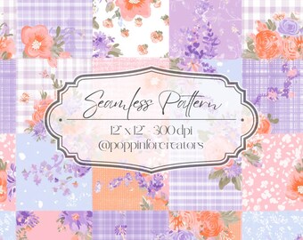 Purple Lavender Orange Rose Patchwork Seamless Digital Pattern, Spring Quilt Textile Art Fabric Design, Bright Floral Repeat Tile