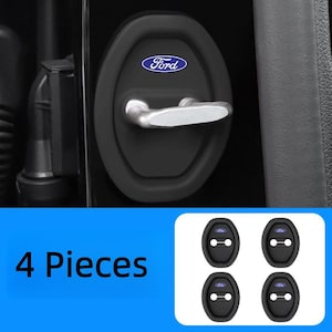 May include: A set of four black oval-shaped door latch covers for a vehicle, each featuring a blue and white Ford logo at the top and a horizontal silver-toned handle mechanism. The product is displayed as a collection of four individual units.