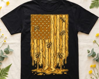 Honey Bee American Flag SVG, Patriotic Beekeeper PNG, Vintage Honey Drip USA Flag Shirt Design