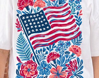 Floral American Flag PNG | Patriotic Sublimation Design | USA Independence Day Graphic | Vintage USA Printable