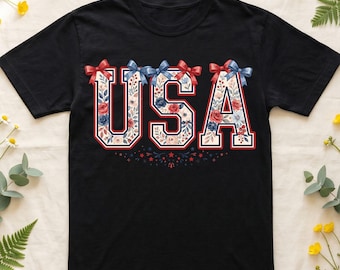 Floral USA Coquette SVG, Patriotic Bow PNG, Vintage America Shirt Design, 4th of July Floral Letters