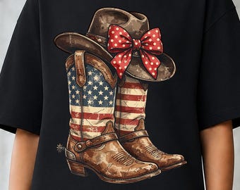 Patriotic Cowgirl Boots PNG, Western USA Cowboy Hat SVG, Fourth of July Shirt Design