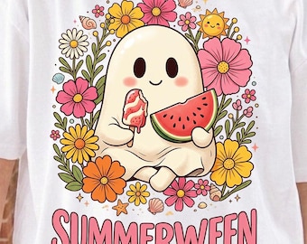 Summerween Ghost PNG | Watermelon Floral Sublimation Design (Digital Download)