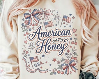 American Honey Coquette SVG, Patriotic Bow PNG, Cute USA Girl Shirt Design, Retro 4th of July Graphic